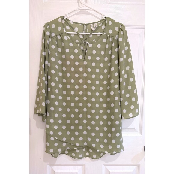 Cato Polka Dot Blouse Criss Cross Neck‎ 3/4 Sleeve Top Green White S - Picture 1 of 5